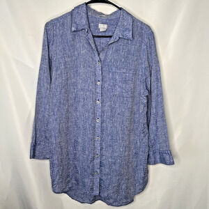 CHICOS No Iron LINEN Tunic Indigo Blue 3/4 Sleeve Button Shirt Blouse US Size 8